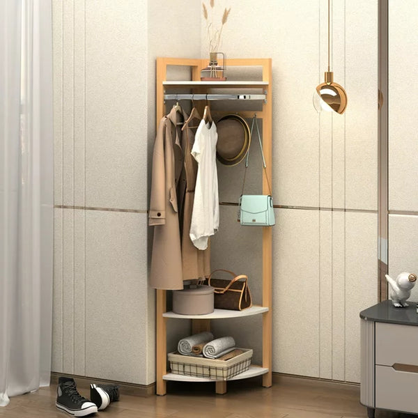 Corner Hall Tree, Wood Corner Floor Shelf with Shoe Bench Entryway Coat Rack with Metal Movable Hooks,Freestanding Clothes Rack Shoes Shelf Organizer for Home Office Bedroom