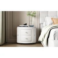 PU Leather Upholstered Nightstand with 2 Drawers and Crystal Handle, Button Tufted Dresser Side Table Chest, Multifunctional Round Storage Beside Table for Living Room, Bedroom, Fully Assembled, White
