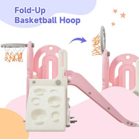 Toddler Climb and Slide Set 4 in 1, Freestanding Playground Climber Slide Play Combination Set with Fold-Up Basketball Hoop and Driving Game Space, Indoor Outdoor Toys Games Set for Kids Teens, Pink