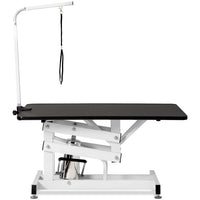 42.5 Inch Hydraulic Pet Dog Grooming Table Upgraded Professional Drying Table Heavy Duty Stainless Steel Frame with Adjustable Arm and Noose 400lbs Capacity Height Range 21-36 Inch, Black White