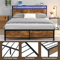 Queen Size Platform Bed with LED Lights and 2 USB Ports, Industrial Queen Bed Frame with Under-Bed Storage and Wooden Headboard, Noise Free, No Box Spring Needed, Rustic Brown