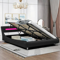 Queen Size Low Profile Platform Bed with 20-colors LED Headboard, Faux Leather Upholstered Bed with Underneath Storage, Lift Up Storage Bed for Teens Adults Bedroom, No Box Spring Needed, Black