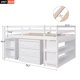 Full Size Loft Bed with Pull-out Desk, Wood Low Loft Bed with 3 Storage Drawers and 2-Tier Shelves, Storage Bed Frame with Ladder and Full-length Guardrails for Kids Teens Bedroom, White