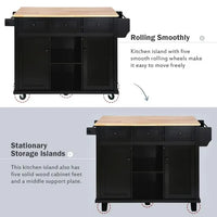 Kitchen Island Cart, Island Table for Kitchen, Rubber Wood Drop-Leaf Countertop, Mobile Portable Kitchen Island with Storage Cabinet & 3 Drawers, Farmhouse Buffet Server Sideboard, Black