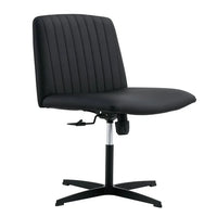 Cross Legged Office Chair No Wheels, PU Leather Criss Cross Desk Chair Wide Seat with Swivel, Adjustable and Rocking, Armless Vanity Chair Task Chair for Living Room Bedroom, Black PU