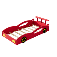 Twin Size Wooden Race Car Bed,Modern Car-Shaped Platform Twin Bed with Wheels, Storage Headboard, Sport Car Shaped Bed Frame For Teens, Red & Yellow