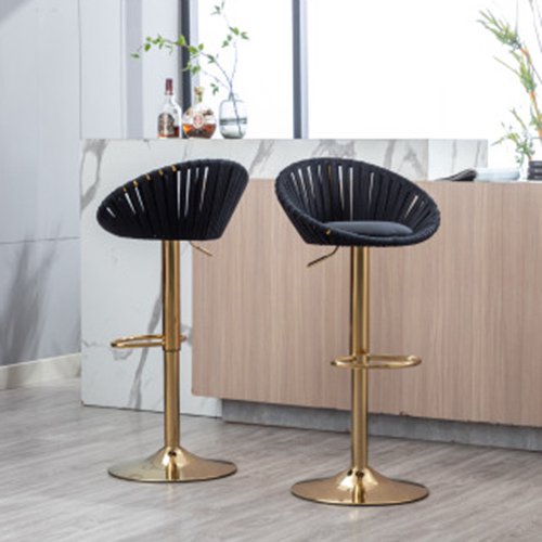 Bar Stools Set of 2, Velvet Swivel Adjustable Height Barstool with Low Back & Footrest for Home Bar Kitchen Island Chair with Golden Base, Black
