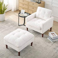 Accent Chair with Ottoman, Modern Fabric Single Sofa Chair with Wood Legs, Upholstered Armchair with Footrest, Living Room Leisure Chair Ottoman Set, Tufted Chair for Reading or Lounging, White