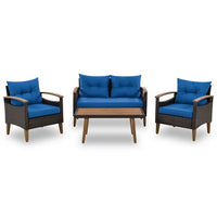 4-Piece Outdoor Sofa Set, PE Rattan Patio Sofa Set with 2 Single Chair, 1 Loveseat and 1 Wood Table, Patio Furniture Set with Solid Legs for Pool Side,Backyard,Garden, Blue