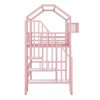Full Size Loft Bed with Storage Stairs, Metal Loft Bed with A Storage Box and Safety Guardrail, House Bed with Roof Design for Kids Teens Adults Bedroom, No Box Spring Needed, Pink