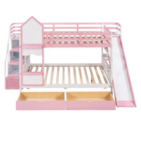 Wood Bunk Bed, Full-Over-Full Castle Style Bunk Bed with 2 Drawers and 3 Shelves, Playhouse Inspired Bunk Bed with Slide and Storage Staircase, No Box Spring Needed, Pink