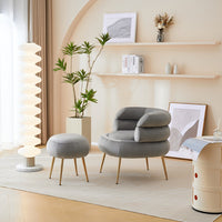 Accent Chair with Round Ottoman, Upholstered Velvet Indoor Armchair with Metal Frame, Single Tufted Leisure Chairs with Footrest Stool for Living Room Bedroom Office