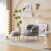 Accent Chair with Round Ottoman, Upholstered Velvet Indoor Armchair with Metal Frame, Single Tufted Leisure Chairs with Footrest Stool for Living Room Bedroom Office