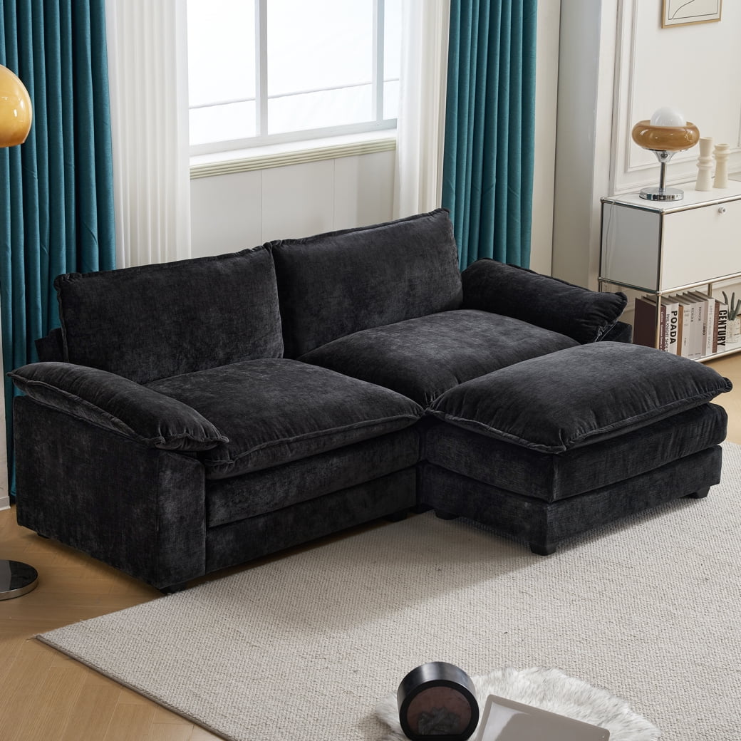 Sectional Sofa Chenille Loveseat Sofa Couch with Ottoman, Modern Deep Seat Sectional Sofa Comfy Upholstered Sofa Couch with Double Layer Seat Cushion for Living Room, Apartment, Studio, Office, Black