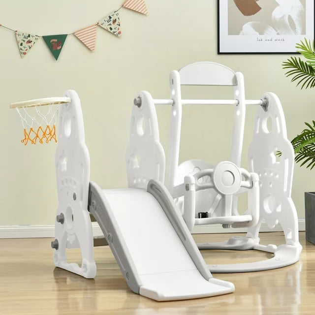 Toddler Slide and Swing Set 3 in 1, Kids Toddler Playground Climber Swing Playset with Safety Belt, 3 Height Adjustable and Basketball Hoops Freestanding Swing and Slide Set Indoor&Outdoor, Gray