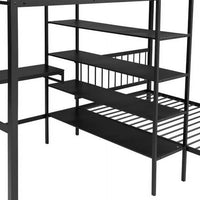 Full Over Twin Metal Bunk Bed, L Shaped Loft Bed Frame with Built-in Desk, Shelves and Ladder, Bunk Bed with Desk, Full Over Twin Bunk Bed, Twin Over Full Bunk Beds (Black)