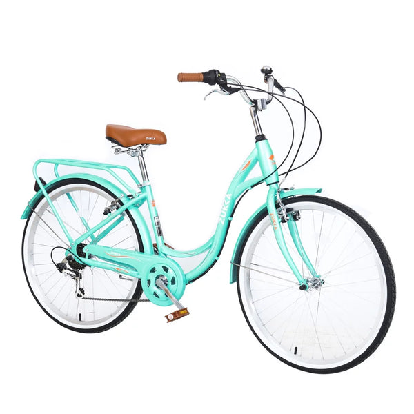 Women 26 Inch Bike with Steel Frame and Leather Saddle, Bicycle Frame with Front and Rear wheel, 7-Speed Drivetrain and Rear Rack, 26 Inch Bike for Road, Seaside and Travel