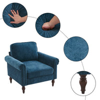 Chenille Accent Armchair, Small Single Sofa with Curved Armrest and Solid Wood Gourd Foot, Modern Upholstered Reading Chair for Apartment Bedroom Office, Blue-Green