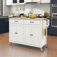 Kitchen Island Cart Kitchen Island on Wheels with Spice Rack, Towel Rack and 2 Drawers, Rolling Mobile Kitchen Island with 4 Door Storage Cabinets and Solid Wood Top, White