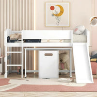 Twin Loft Bed with Rolling Portable Desk and Chair, Wooden Low Loft Bed Frame with Slide for Kids, Versatile Storage Bed with Ladder and Full-length Guardrails, Space Saving, White
