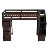 Twin Size Loft Bed with Storage Staircase, Wooden Twin Loft Bed Frame with Drawers and Shelves, Modern High Loft Bed, Multifunctional Twin Loft Bed, No Box Spring Needed, Express
