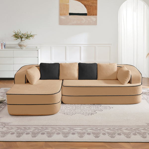 TRIPLE TREE 106" Teddy Fabric 32D Boneless Sofa,Modular Sectional Sofa with Curved Armrest,Contrast Color Design with Pillow,Fluffy Comfy Couch with L Shaped Chaise,for Living Room,No Assembly Required,Camel