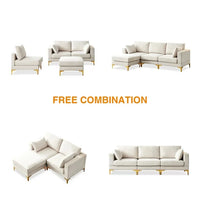 L-Shaped Sectional Sofa with Movable Ottaman, Sectional Couch with Reversible Chaise, Modern Upholstered Accent Sofa with 2 Pillows and Gold Metal Legs for Living Room Bedroom Apartment, Beige