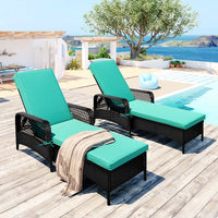 JINS&VICO Outdoor Patio Pool PE Rattan Chair, Wicker Sun Lounger with 6 Adjustable Angles Backrest, Set of 2 Lounge Chair with Armrest for Beach Garden Backyard, Black Wicker and Green Cushion