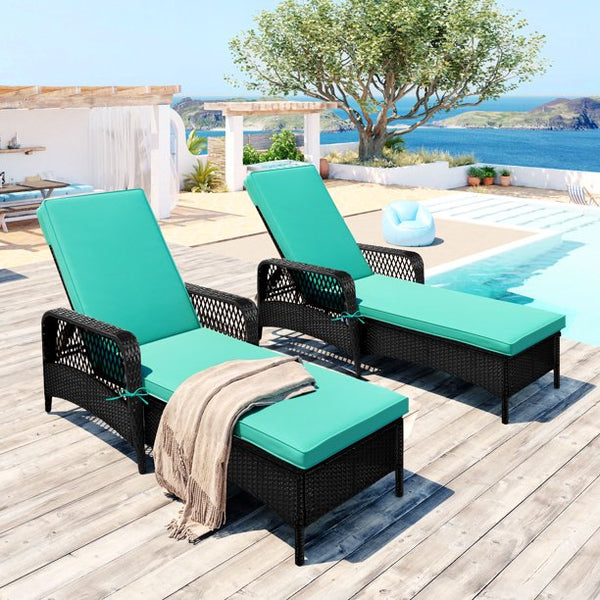 JINS&VICO Outdoor Patio Pool PE Rattan Chair, Wicker Sun Lounger with 6 Adjustable Angles Backrest, Set of 2 Lounge Chair with Armrest for Beach Garden Backyard, Black Wicker and Green Cushion