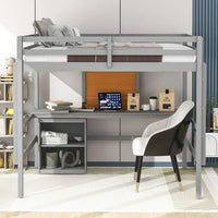 Full Size Loft Bed with Built-in Desk & Writing Board, Wood Loft Bed Frame with 2-Drawer Cabinet and 2 Ladders, Multifunctional Loft Bed with Guardrails for Boys and Girls, Teens, Gray