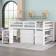 Full Size Loft Bed with Pull-out Desk, Wood Low Loft Bed with 3 Storage Drawers and 2-Tier Shelves, Storage Bed Frame with Ladder and Full-length Guardrails for Kids Teens Bedroom, White
