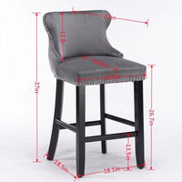 Set of 2 Contemporary Velvet Upholstered Wing-Back Barstools with Wooden Legs, Bar Chairs with Chrome Nailhead Trim and Button Tufted Decoration, Bar Stools for Kitchen Island Dining Room Pub, Black