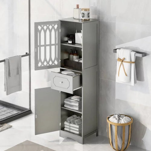 Tall Bathroom Storage Cabinet, Multifunctional Storage Cabinet with Adjustable Shelf, Drawer and 2 Doors, Freestanding Linen Tower, 16.5" L x 14.2''W x 63.8''H, Gray