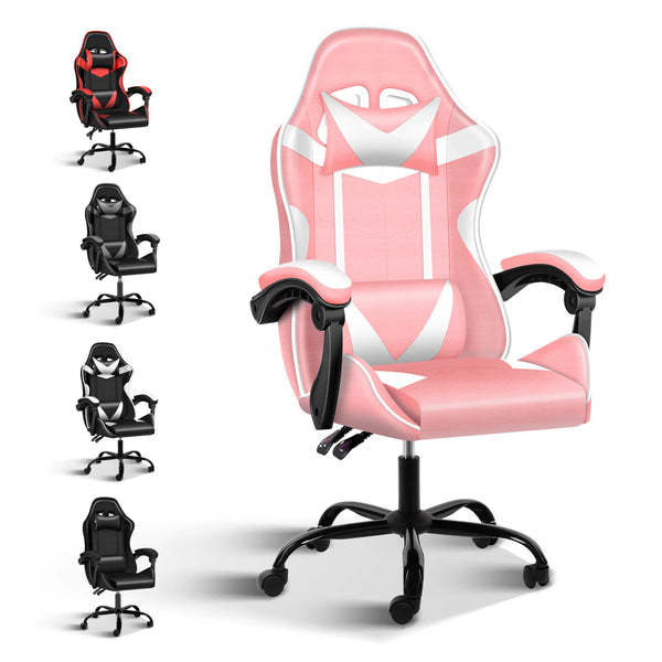 High Back PU Leather Gaming Chair, Height Adjustable Swivel Chair with Adjustable Back, Ergonomic Office Chair with Headrest & Lumbar Support, Desk Chair for Home Office, Pink/White