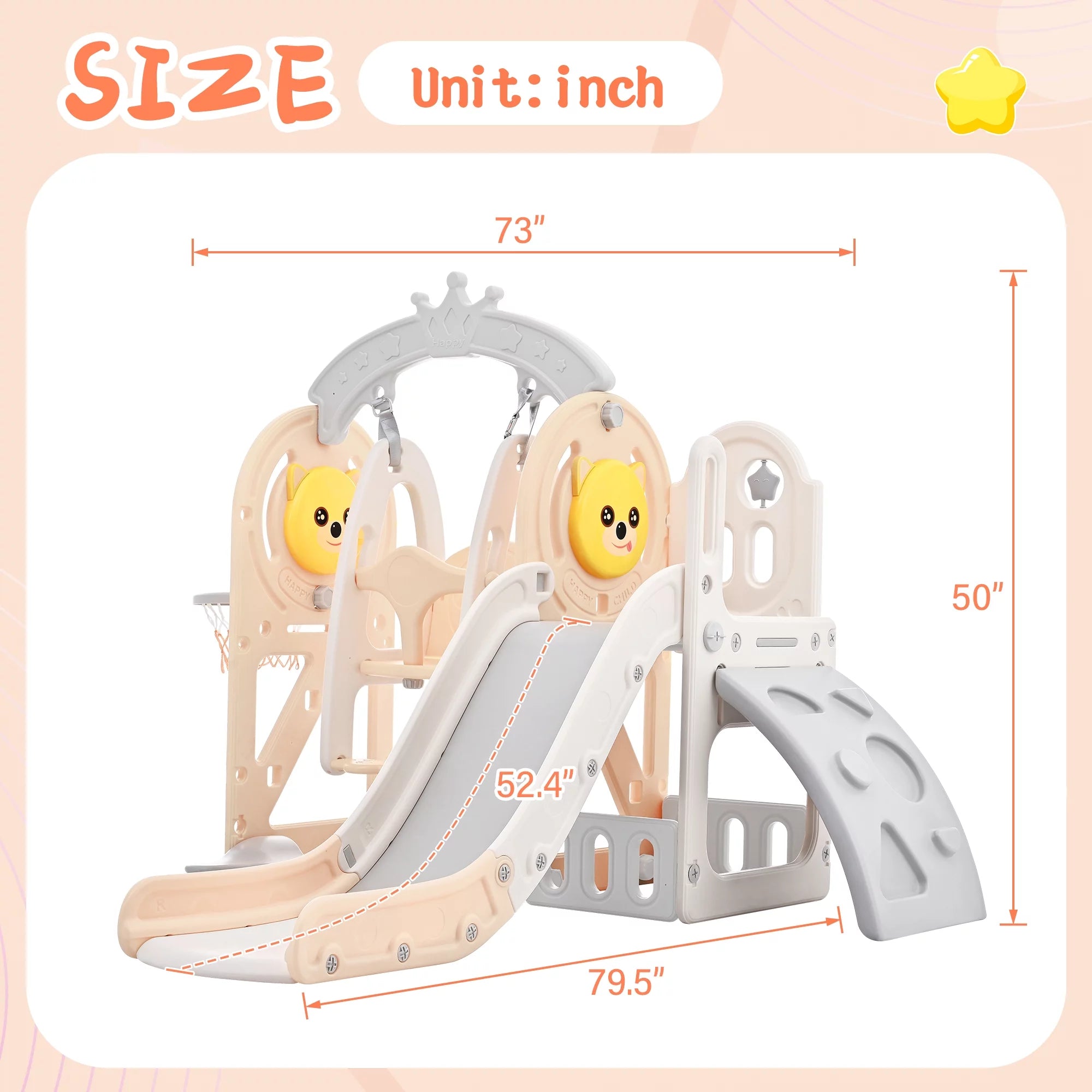 5 in 1 Toddler Slide and Swing Set, Kids Playground Climber Slide Playset with Basketball Hoop Freestanding Combination for Babies Indoor & Outdoor, Pink