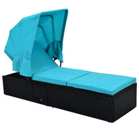 Patio Chaise Lounge with Retractable CanopyOutdoor Reclining Chair with Adjustable Backrest, Rattan Wicker Daybed with Coffee Table,Sun Lounger for Beach Poolside Backyard Balcony Porch
