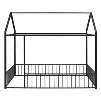 Full Size Floor Bed for Children, Montessori Bed Frame with Roof and Fence, Modern Heavy Duty Metal Bed Frame House Bed for Kids Teens Girls Boys, Easy Assembly, Black