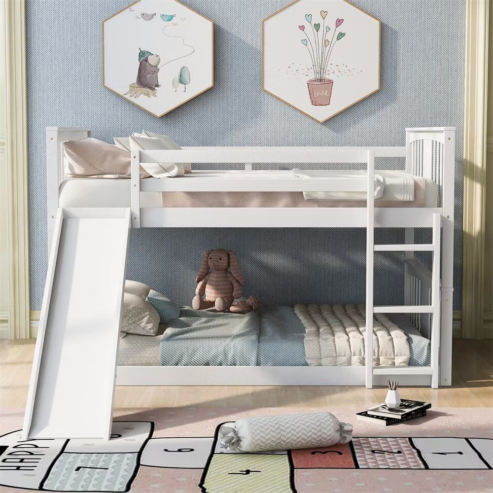 Bunk Bed with Slide, Full over Full Wood Floor Bed Frame with Ladder and Guardrail, Low Bunk Beds for Kids Teens, No Box Spring Required, White