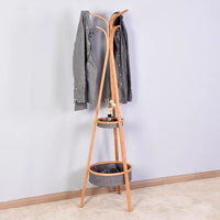 Bamboo Coat Rack with Storage Rack, ModernCoat Rack Coat Hooks Clothes Hanger Holder, Scarf Hat Handbags with 2 Round Basket for Bedroom Living Room Entryway Hallway