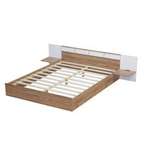 Queen Size Platform Bed with USB Ports,Sockets and Shelf, Wooden Bed Frame with Extended Headboard, Low Floor Bed with Slats Support, No Box Spring Needed,Natural