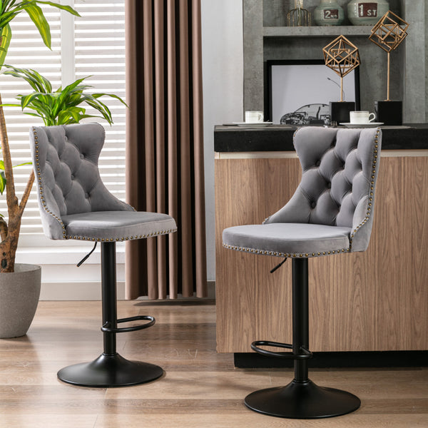 Swivel Bar Stools Set of 2 with Adjustable Seat Height, Contemporary Velvet Counter Stool with Metal Legs and Chrome Nailhead Trim Backrest, Dining Chair for Home and Pub, Khaki & Sliver