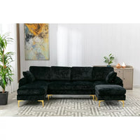 Convertible L-Shaped Sectional Sofa with Movable Ottoman, Upholstered Accent Sofa with 2 Pillows and Golden Metal Legs, Modular Sectional Couch Sets for Living Room Office Apartment, Black
