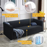 77.3"×32" Mid Century Velvet Sofa, 2-3 Seater Modern Couch, Exquisite Loveseat with Vertical Striped Decoration and Metal Legs Upholstered Sofa Couch for Living Room, Bedroom, Apartment, Office, Black