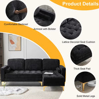 Modular Sectional Sofa with Chaise Lounge, 85" L-Shape Sectional Couch with 2 Pillows and Golden Tripod Legs, Chenille 3-Seater Sofa for Living Room, Apartment, Black