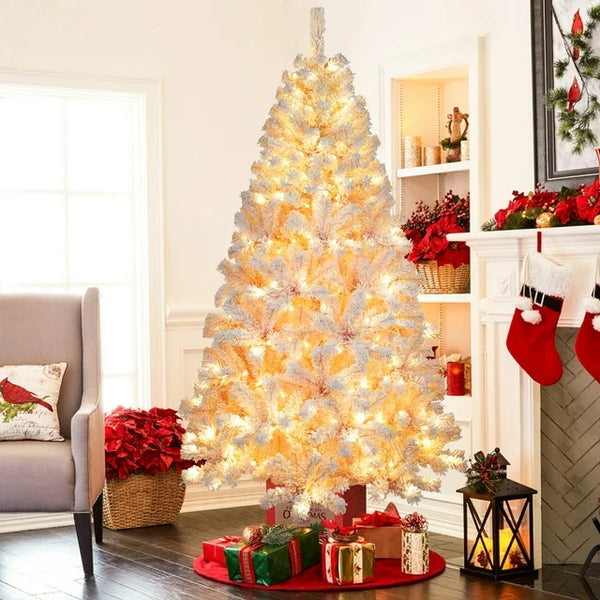 6ft Pre-lit Artificial Christmas Tree with 300 LED Warm White Lights, Cherry Blossom Color Snow Flocked Full Prelighted Xmas Tree with 600 Bendable Branches & Foldable Stand Christmas Holiday Deco