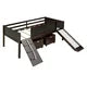 Twin Loft Bed for Kids Toddlers,Wood Low Loft Bed with 2 Storage Boxes,Slide,Chalkboard and Climbing Frame,Multifunctional Loft Bed Frame with Underbed Space and Slats Support for Girls Boys,Espresso