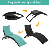 Patio Wicker Sun Lounger Set of 2, PE Rattan Foldable Chaise Lounger with Removable Cushion and Pillow, 2PCS Recliner Chair with Black Wicker and Turquoise Cushion for Poolside Garden Yard, Blue