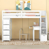Twin Size Loft Bed with Desk and Storage Stairs, Solid Wood Loft Bed Frame with Drawers and Shelves Functional Loft Bed with Full-length Guardrail for Kids Adults, No Box Spring Needed, White