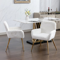 Artificial Rabbit Hair Dining Chair,Furry Desk Chair,Modern Faux Fur Vanity Chair for Teen Girls,Comfy Armchair with Golden Metal Legs for Bedroom Dining Room Living Room,Set of 2,White