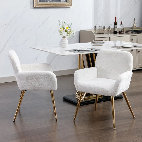 Artificial Rabbit Hair Dining Chair,Furry Desk Chair,Modern Faux Fur Vanity Chair for Teen Girls,Comfy Armchair with Golden Metal Legs for Bedroom Dining Room Living Room,Set of 2,White